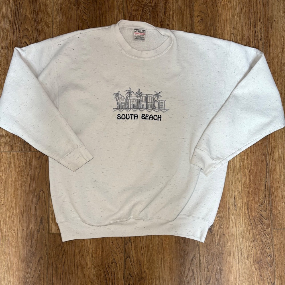 VTG 90s Oneita South Beach Graphic Sweatshirt Mens XL Gray Speckled USA Made